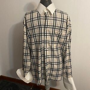 Henri Picard by Don Jonatha Plaid Tan/Blue/White button-down shirt, size 16 1/2